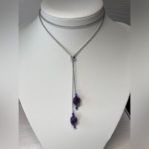 Genuine Amethyst Stones & Cubic Zirconia Adjustable Lariat Style Necklace